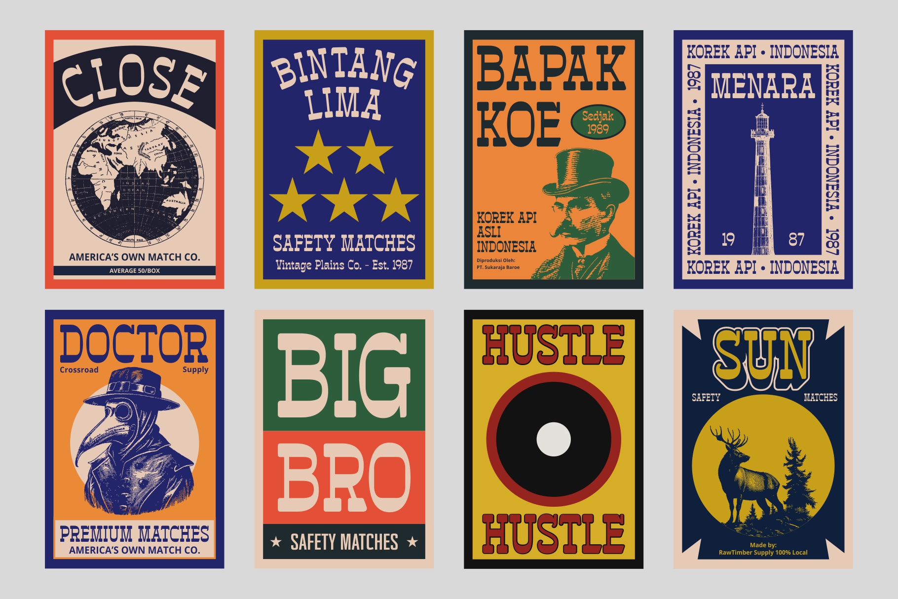 Eight vintage matchbox mockups with global themes in bold colors