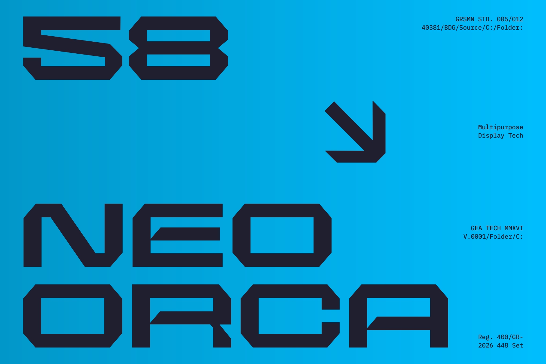 Bright cyan background with large black geometric type reading S8 Neo Orca with arrow icon