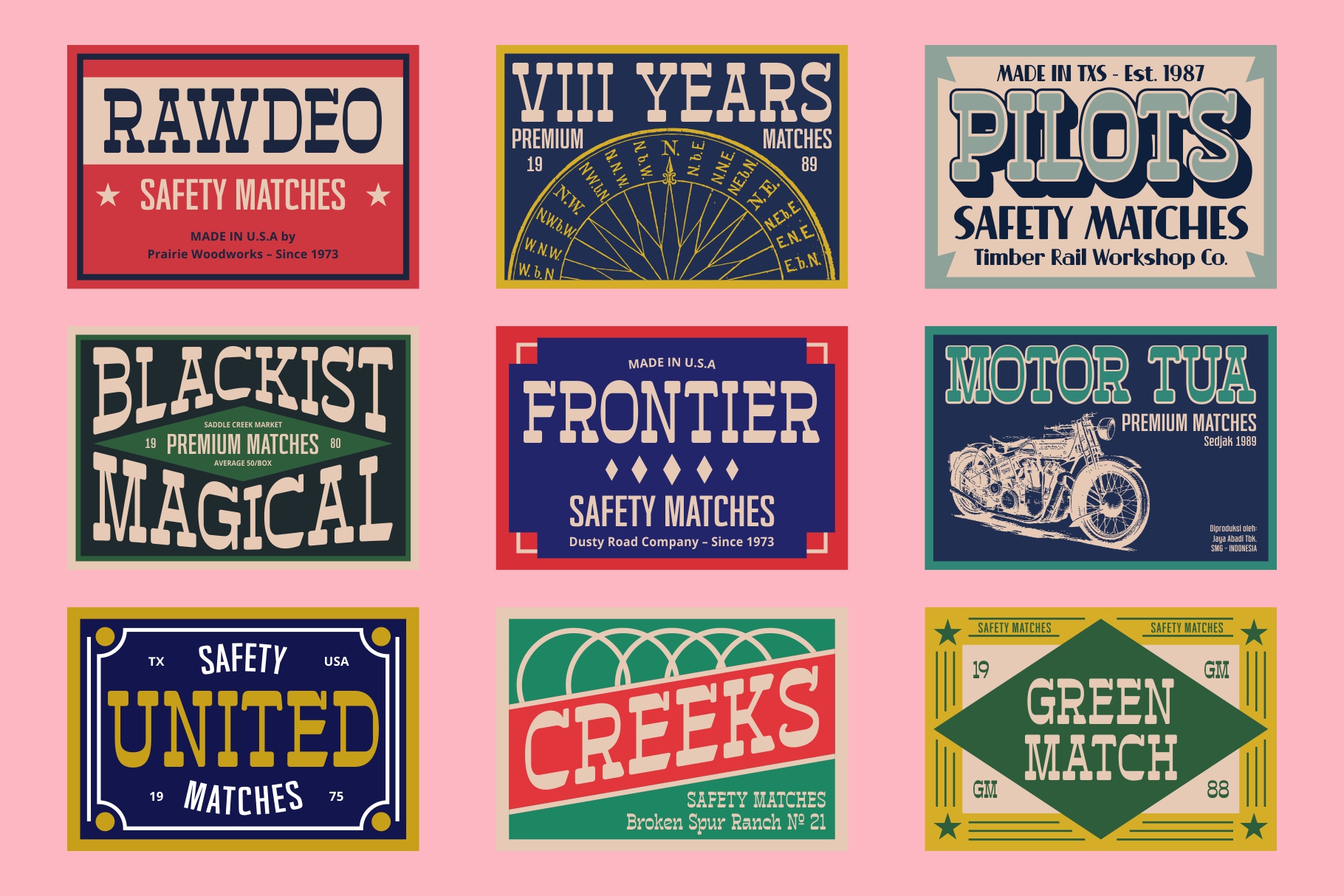 Nine vintage matchbox label designs with colorful borders on pink