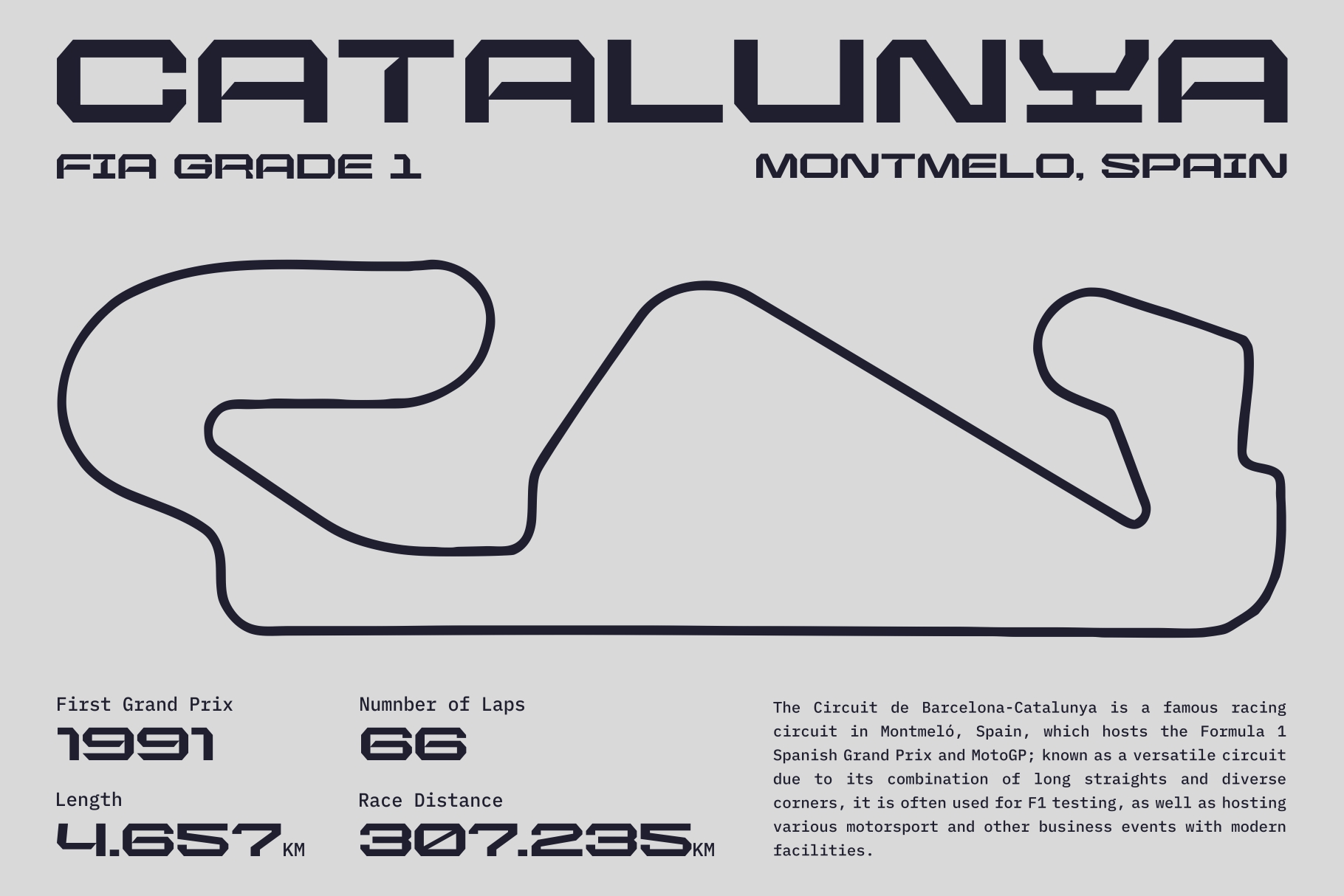 Minimal outline drawing of Catalunya racing circuit track with venue info on light gray background