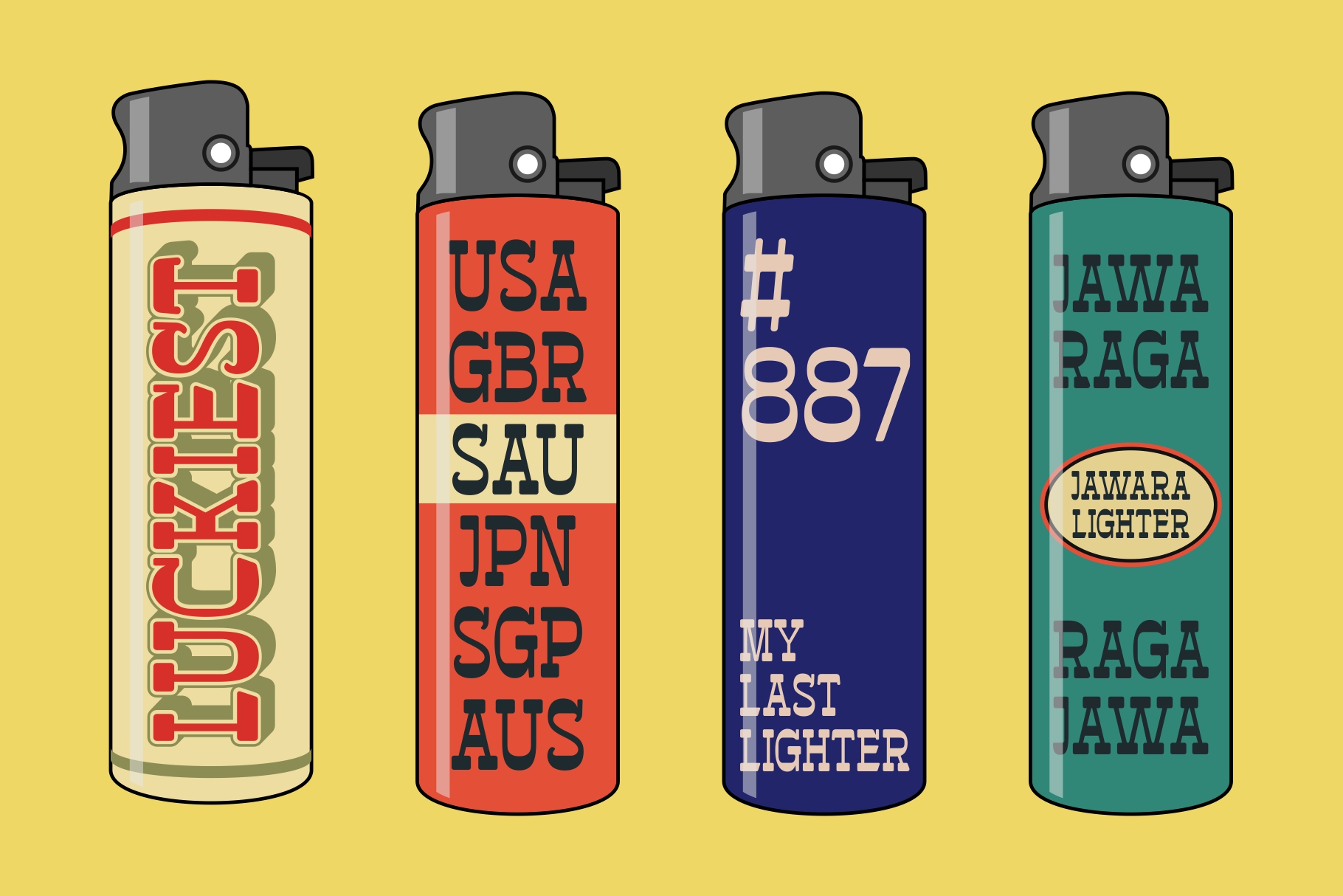 Four decorative lighter mockups with country codes in retro lettering