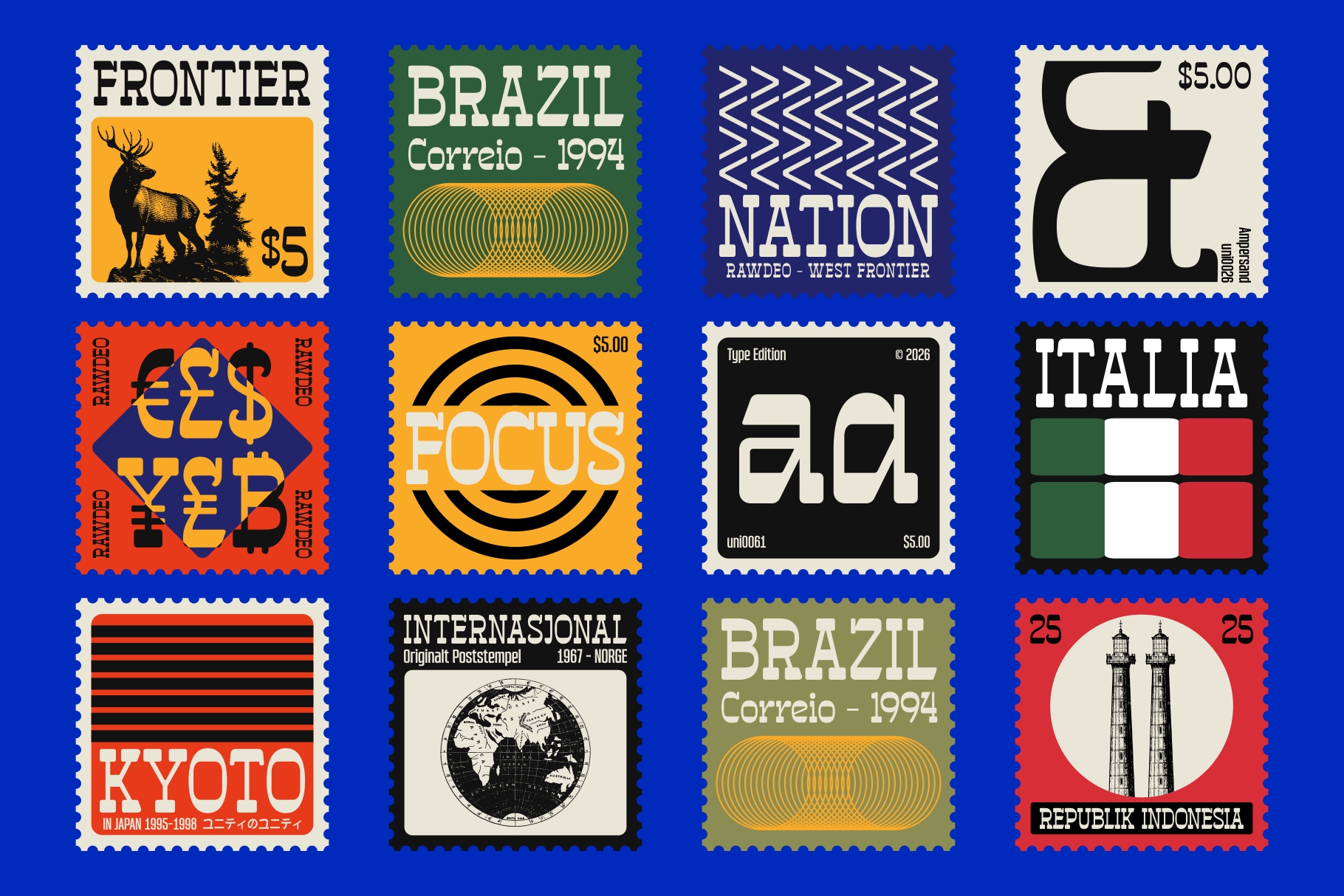 Grid of vintage-style postage stamps with international designs on blue
