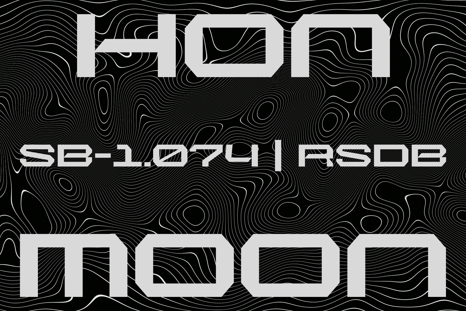 Wavy topographic lines fill dark background behind large geometric sans serif letters spelling HQN SE-1O7 1 RSDE