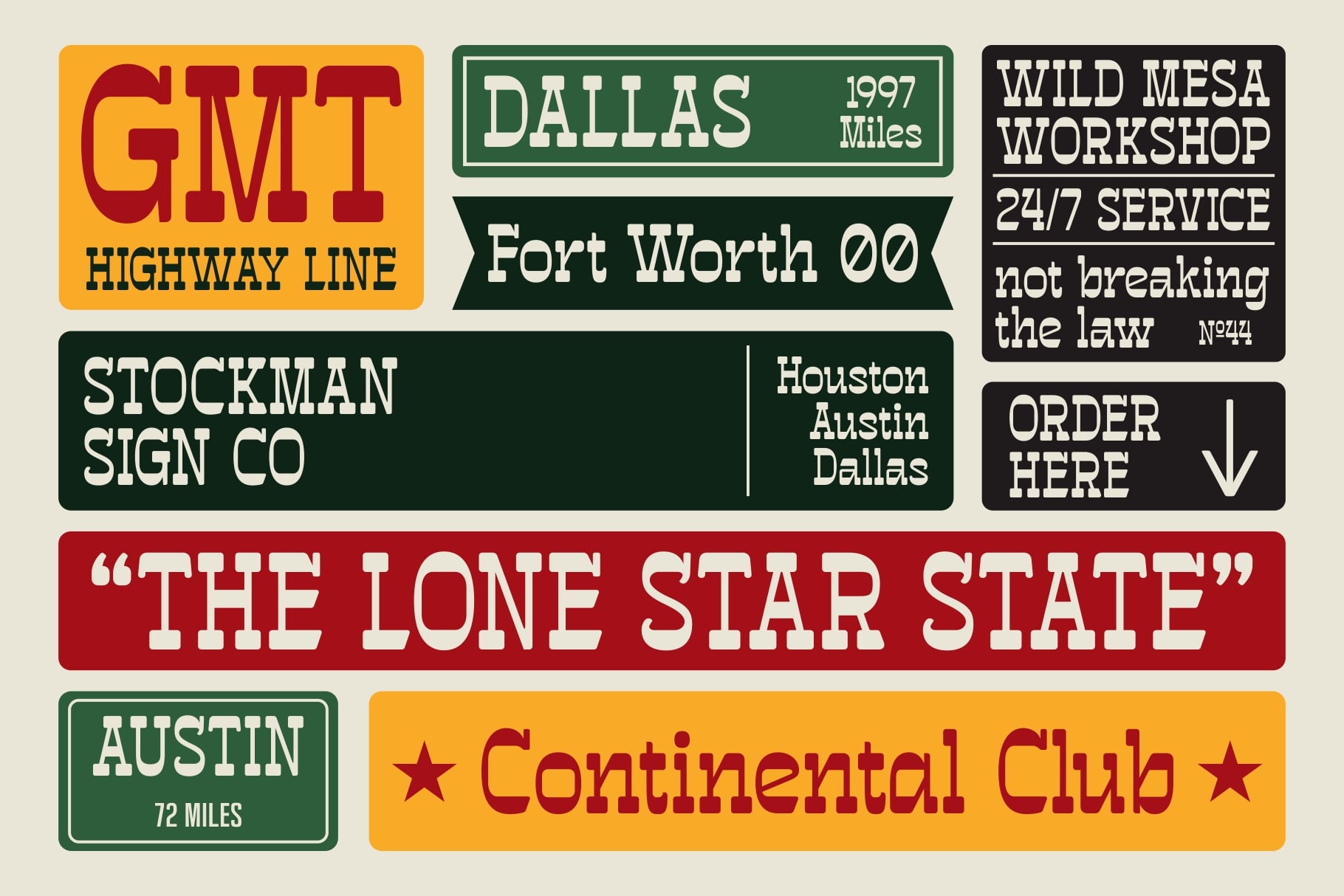 Collection of retro signage mockups for Texas towns in bold typography