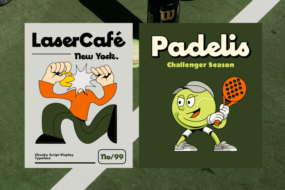 LaserCafé New York chunky script typeface mockup on white card next to Paddlis Challenger Season tennis ball mascot on green court