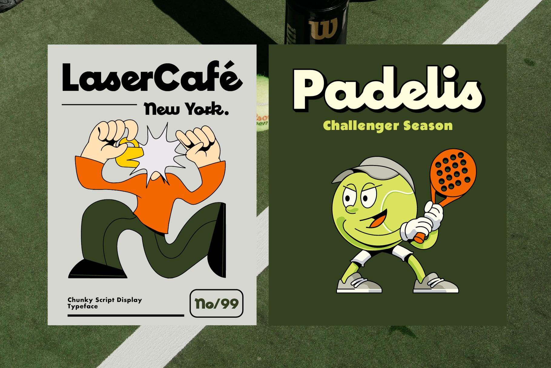 LaserCafé New York chunky script typeface mockup on white card next to Paddlis Challenger Season tennis ball mascot on green court