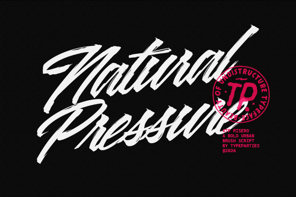 Material Breech white brush script on black with pink distruction stamp