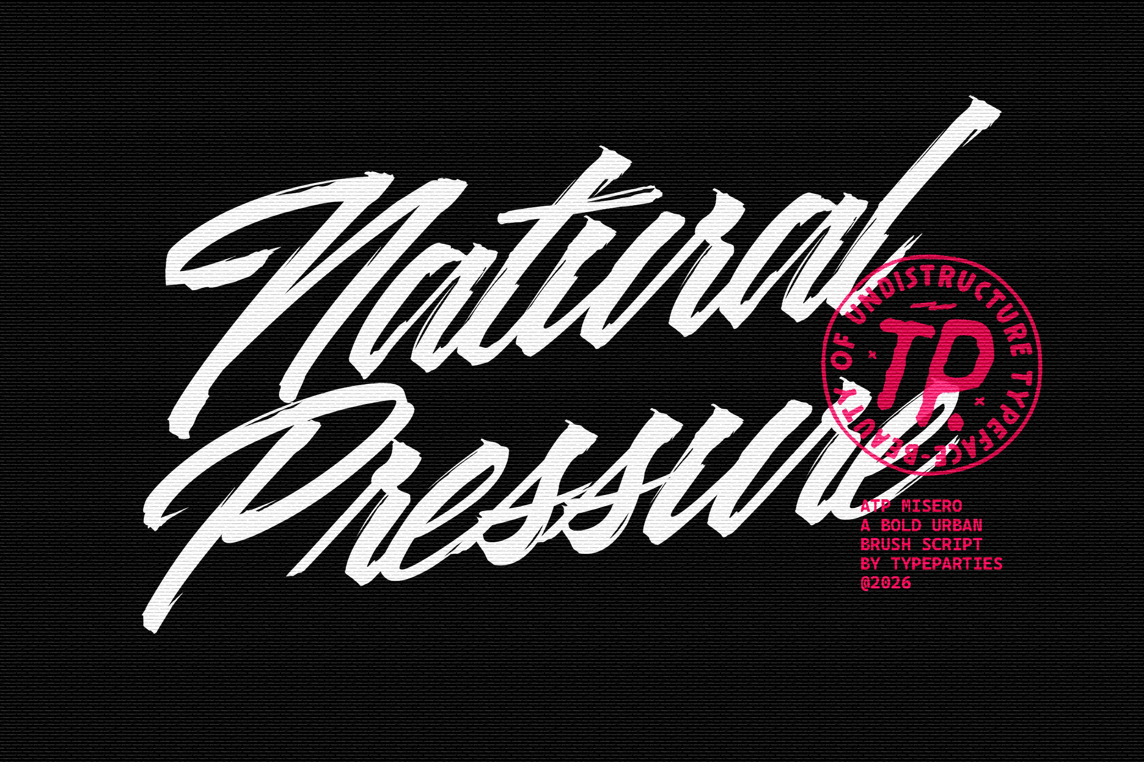 Material Breech white brush script on black with pink distruction stamp