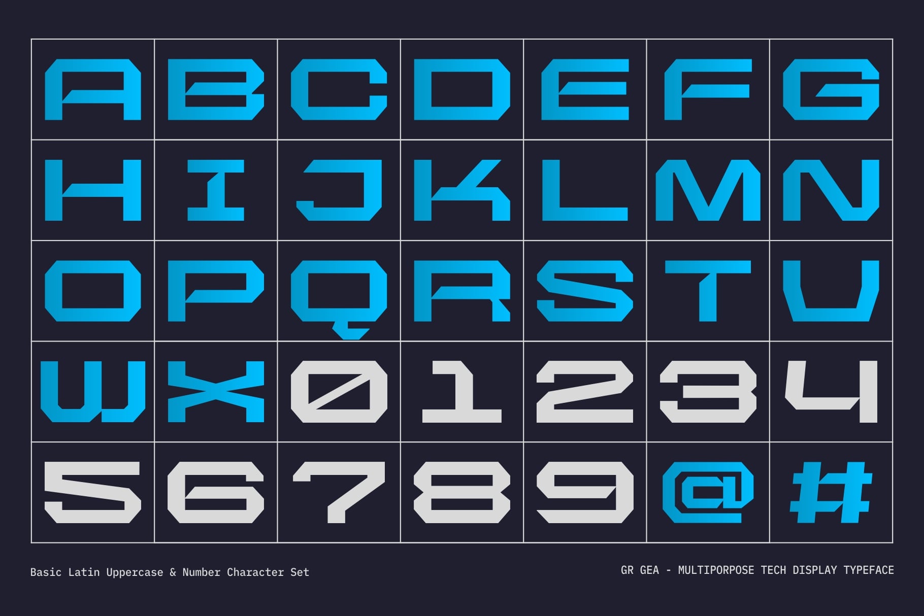 GR GEA uppercase letters, numbers, symbols in cyan blue on dark background