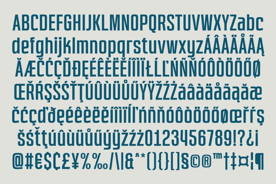 Complete teal typeface character set showing uppercase, lowercase, numbers, accents