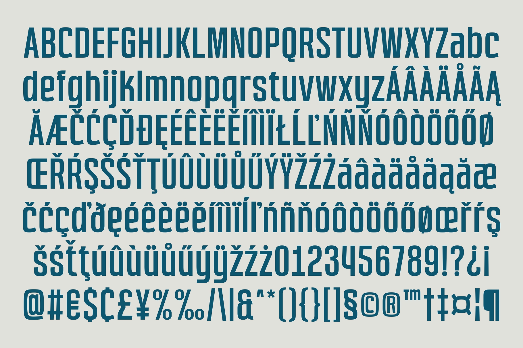 Complete teal typeface character set showing uppercase, lowercase, numbers, accents