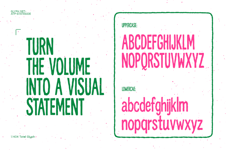 Font specimen sheet showing uppercase lowercase letters glyph set for stateside typeface
