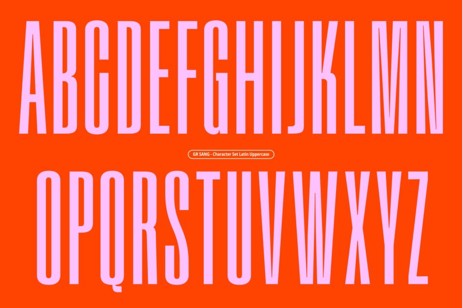 GR SANG uppercase Latin letters in pale pink with striped effect on red background