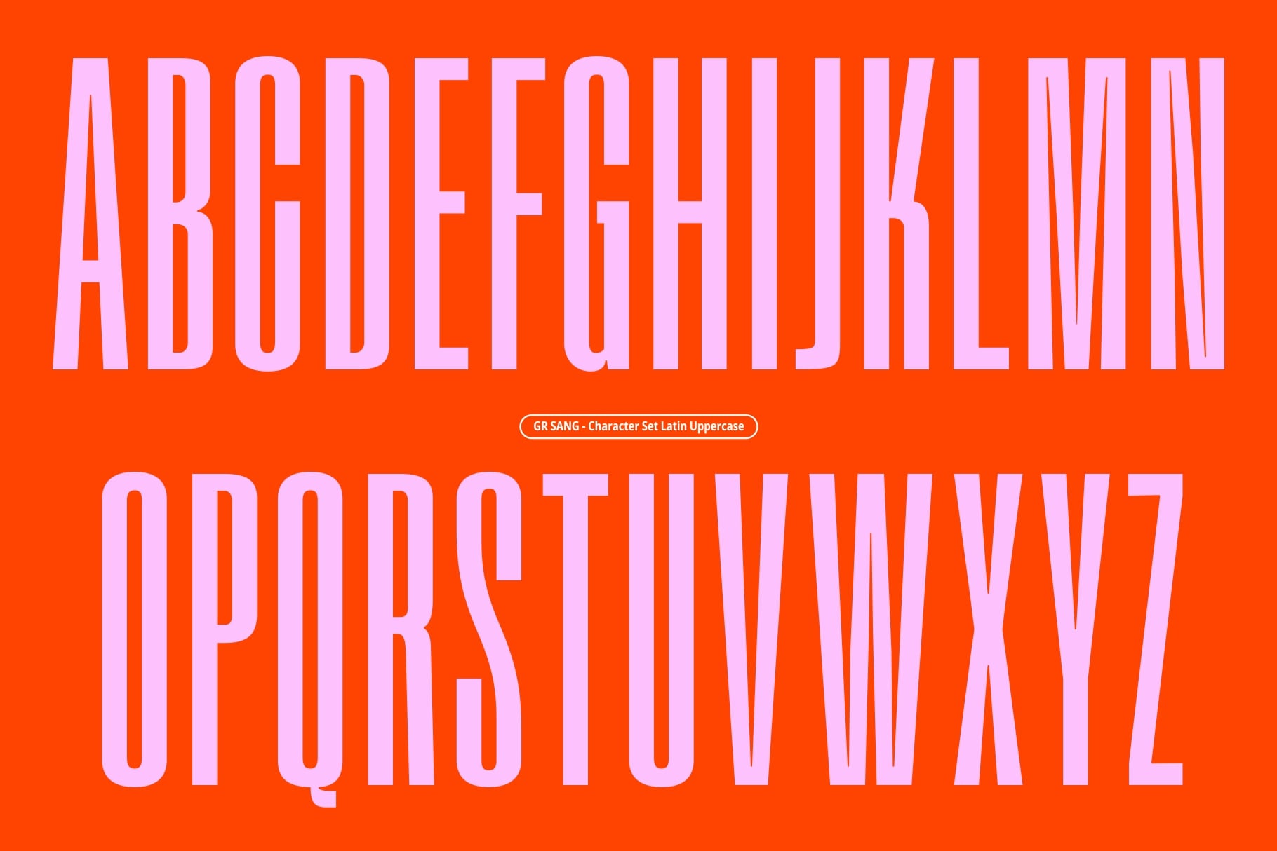 GR SANG uppercase Latin letters in pale pink with striped effect on red background