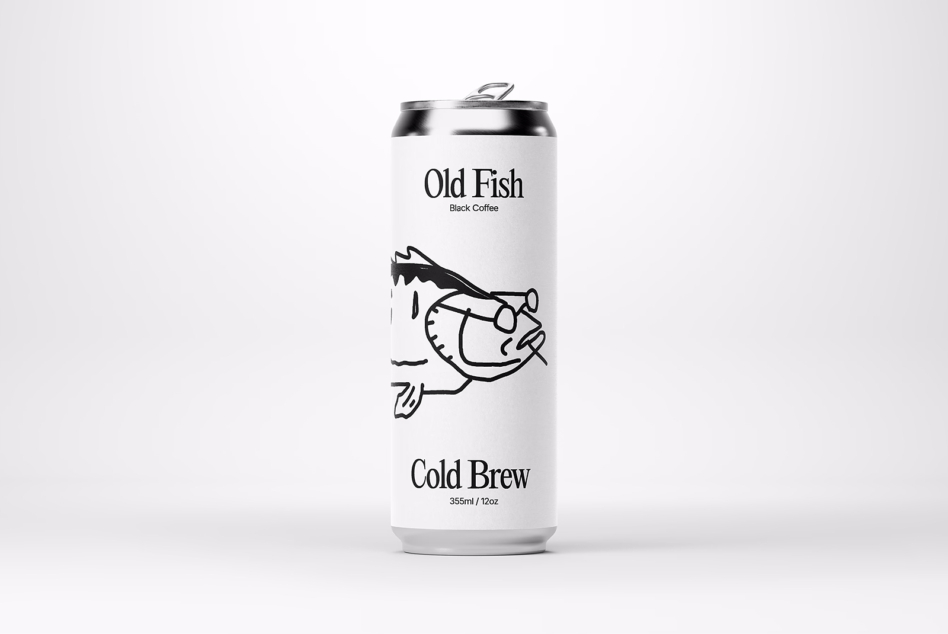 Tall cold brew can mockup showing Old Fish branding with minimalist fish illustration