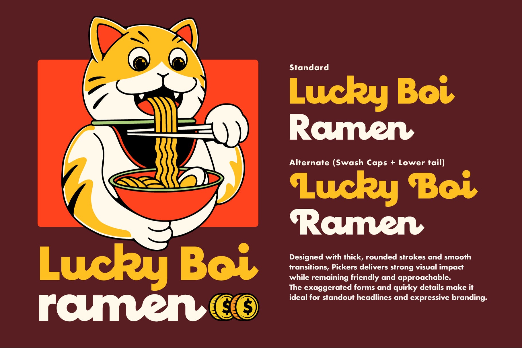 Lucky Boi mascot cat character eating ramen from bowl with chopsticks, shown in standard plus alternate swash cap versions
