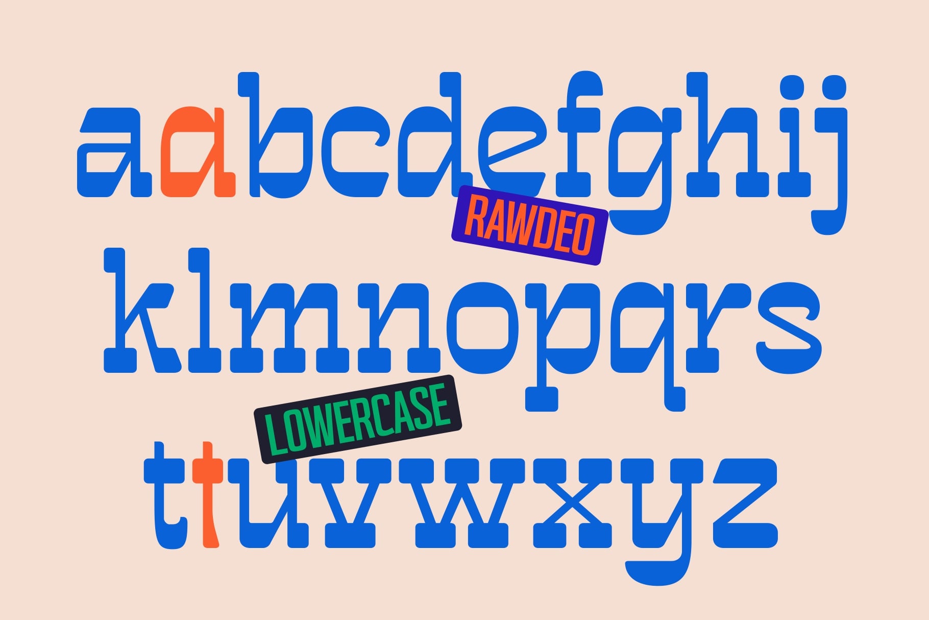 Blue slab serif alphabet with colored label stickers on beige