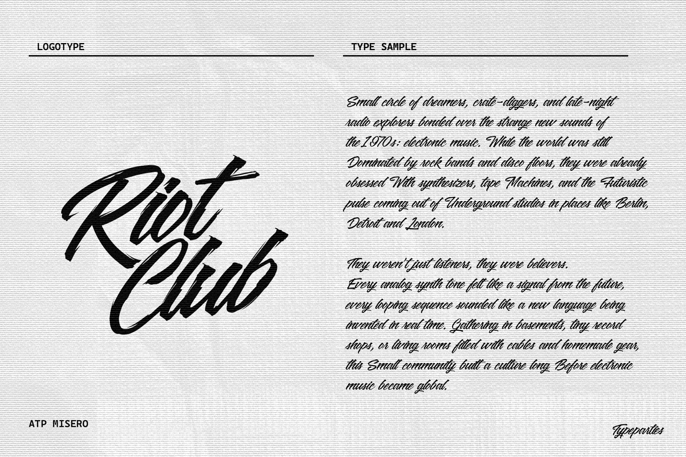 Riot Club logotype in black script with body text on gray textured background