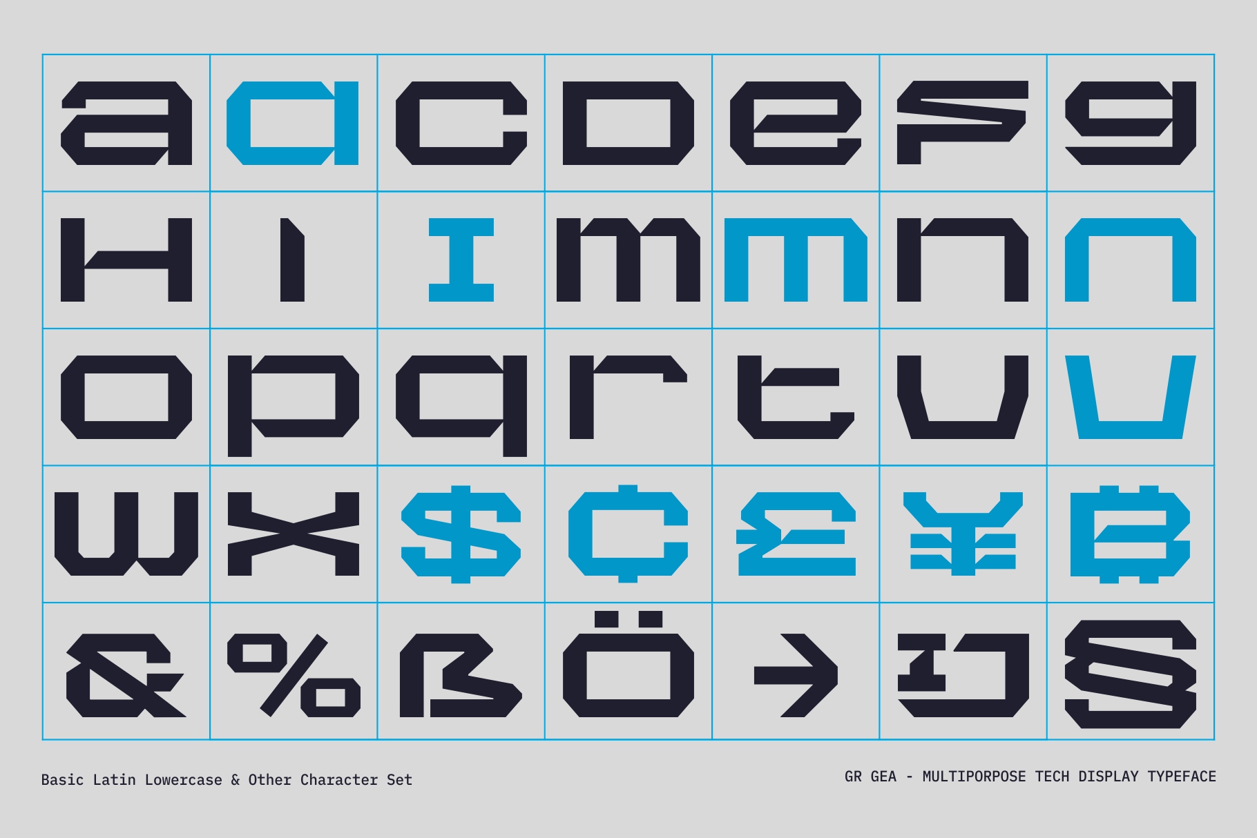 GR GEA lowercase letters, numbers, symbols in blue, black, gray grid layout