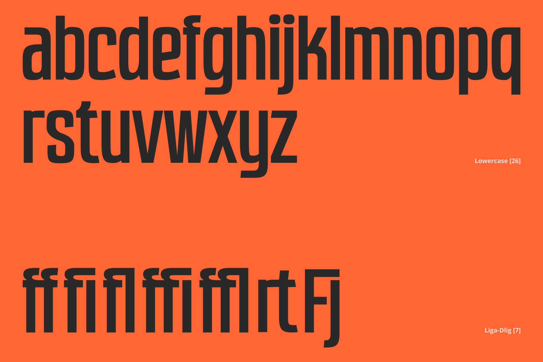 Sans-serif lowercase alphabet with special characters displayed on orange background