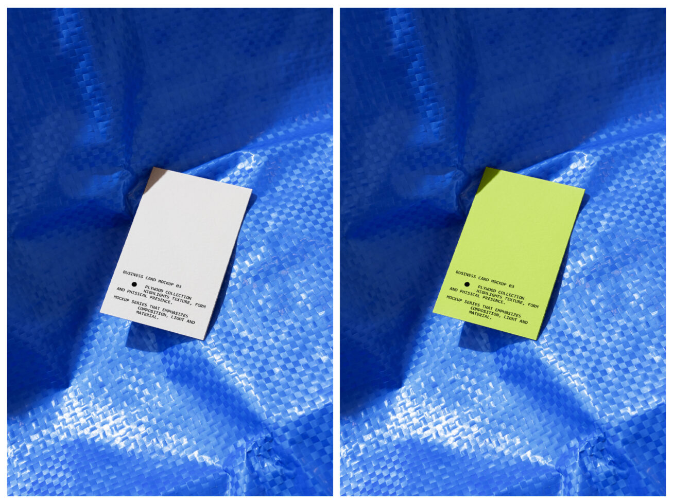 White plus neon yellow business cards on blue textured fabric background