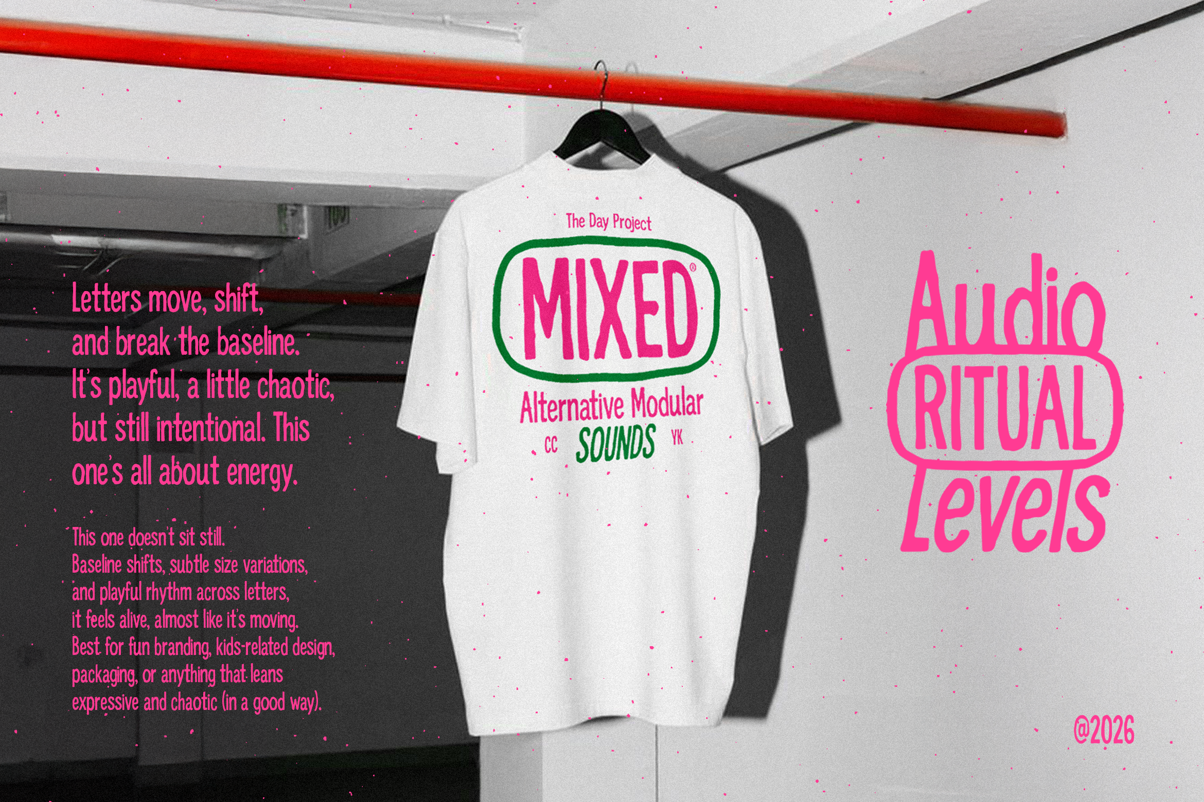 T-shirt mockup featuring playful vibrant typography design with bold text in pink and green ideal for graphic designers and creative branding projects.