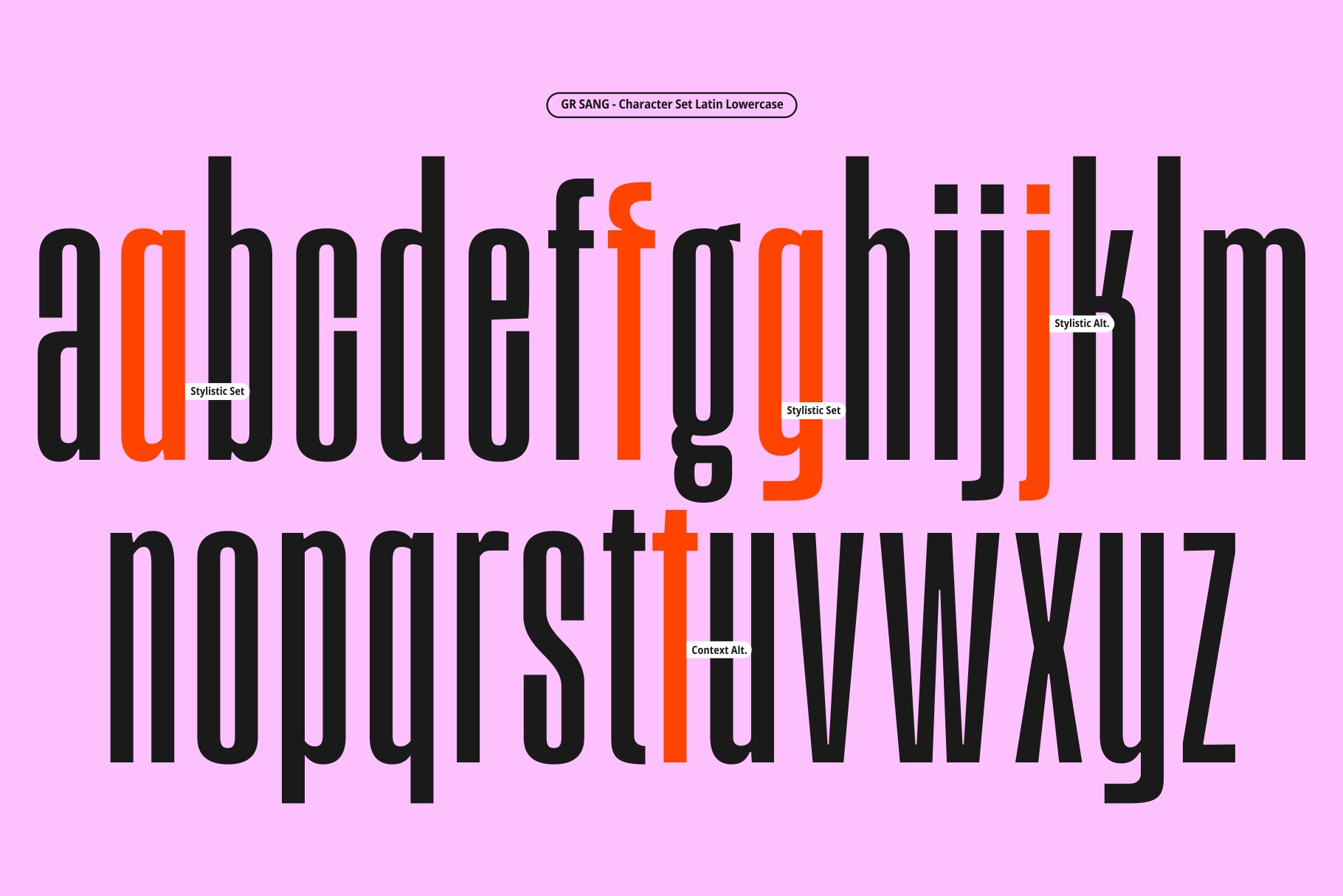 GR SANG lowercase Latin characters displayed in black with orange stylistic alternates on pink