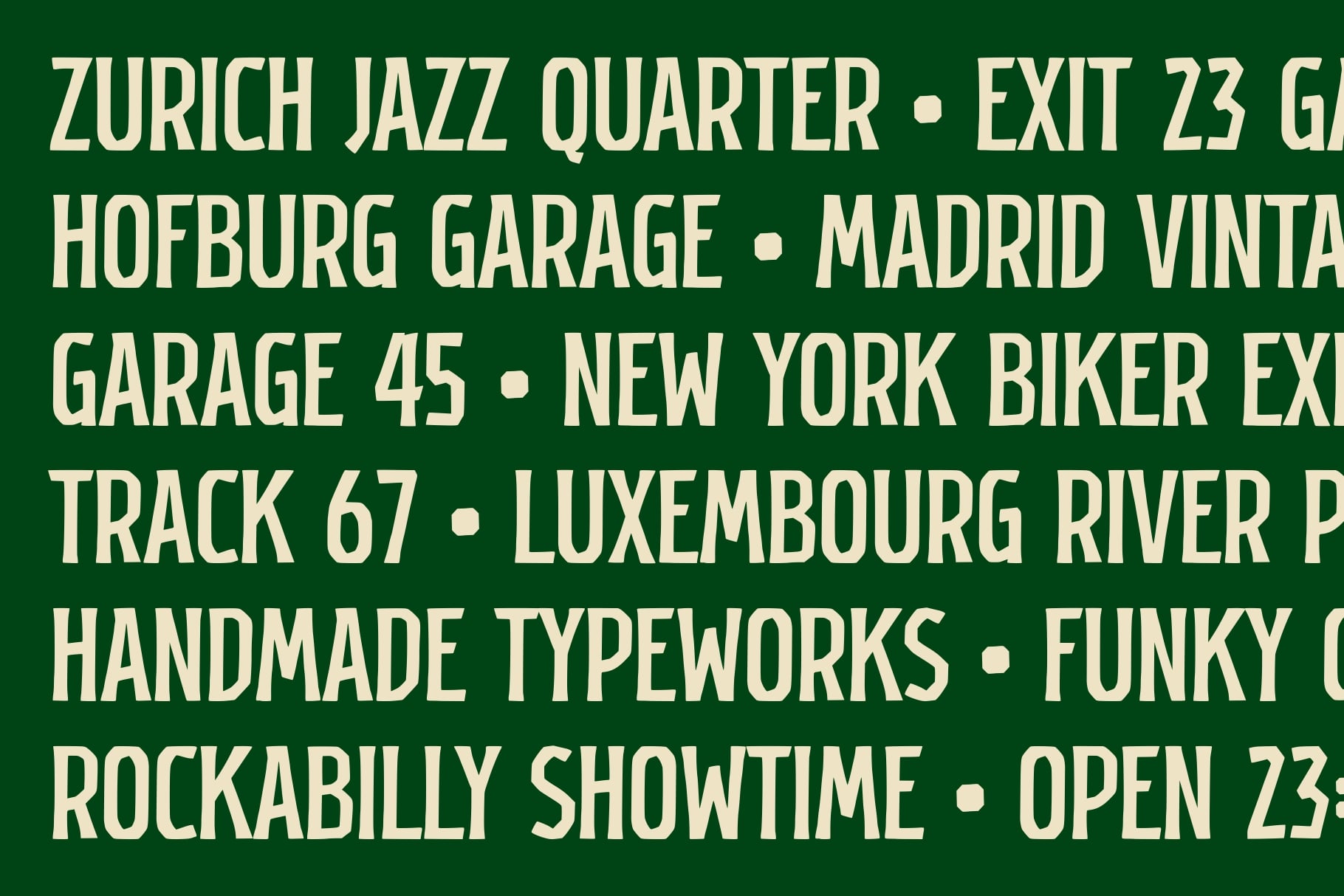 Multiple location names arranged horizontally on dark green background