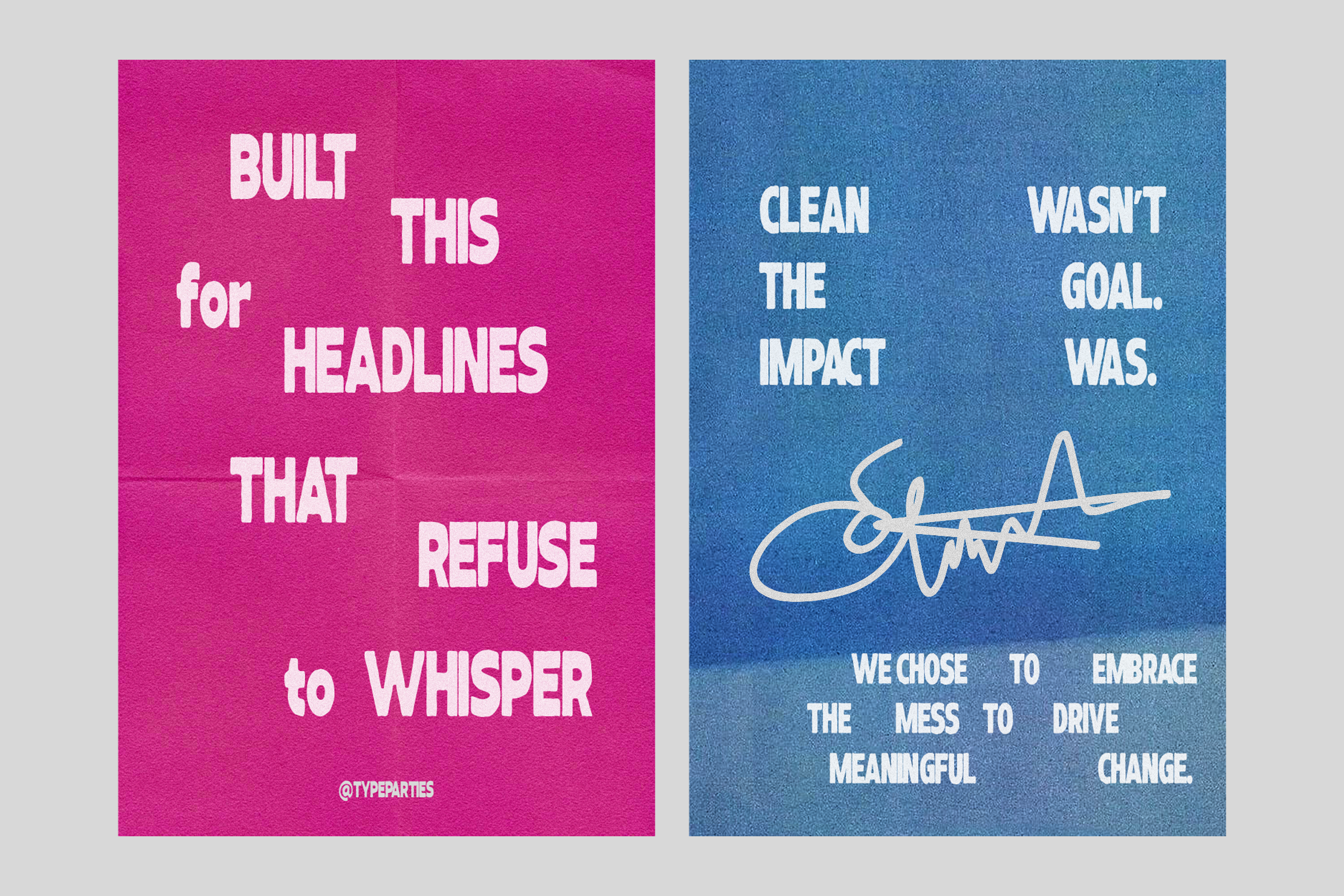 Bold typography posters with impactful phrases in blue and pink backgrounds. Suitable for graphic designers seeking inspiration. Graphic design asset.