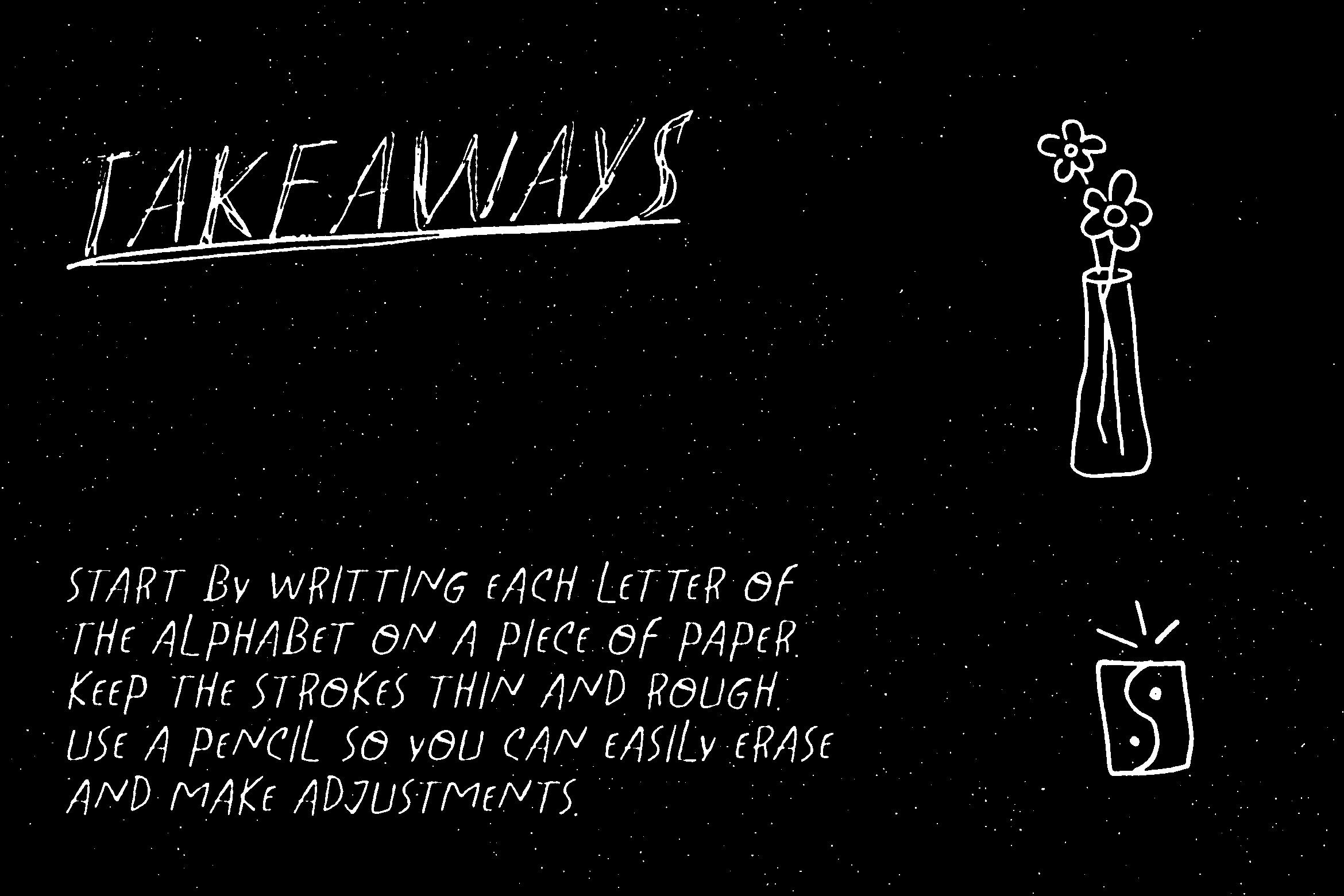 Takeaways italic outline title with sketch instructions for handwriting letter practice
