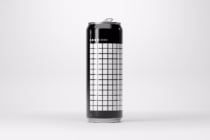 Black aluminum can mockup with grid pattern layout for custom branding