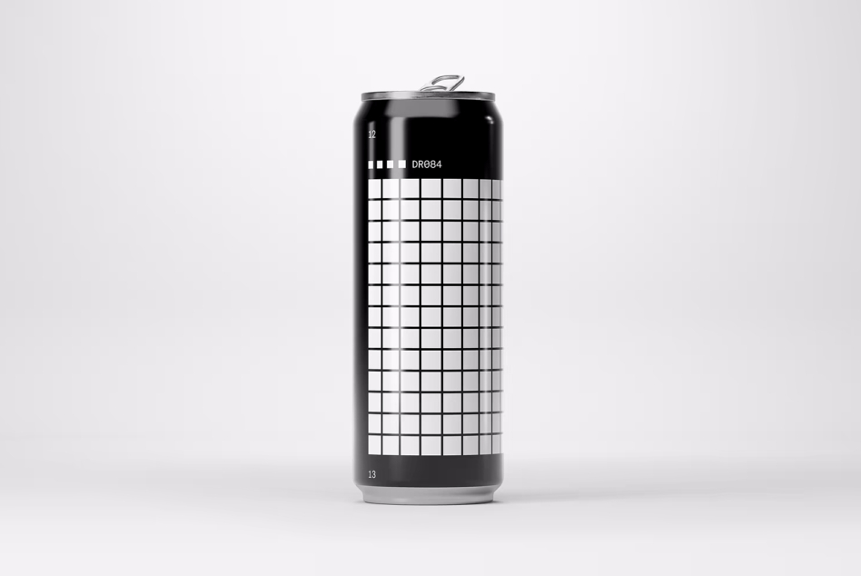 Black aluminum can mockup with grid pattern layout for custom branding