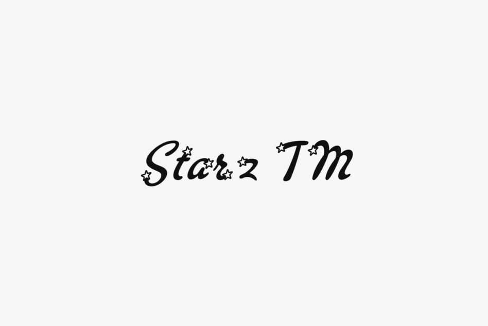 Clean minimal text Stars Tm in outlined italic script with small stars on light gray