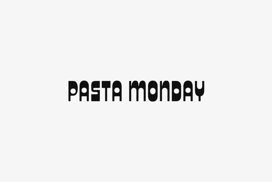 Pasta Monday sans serif typeface in bold black letters on light beige background