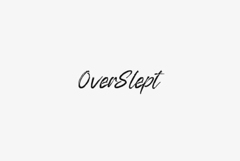 OverSlept handwritten script in black on cream colored paper
