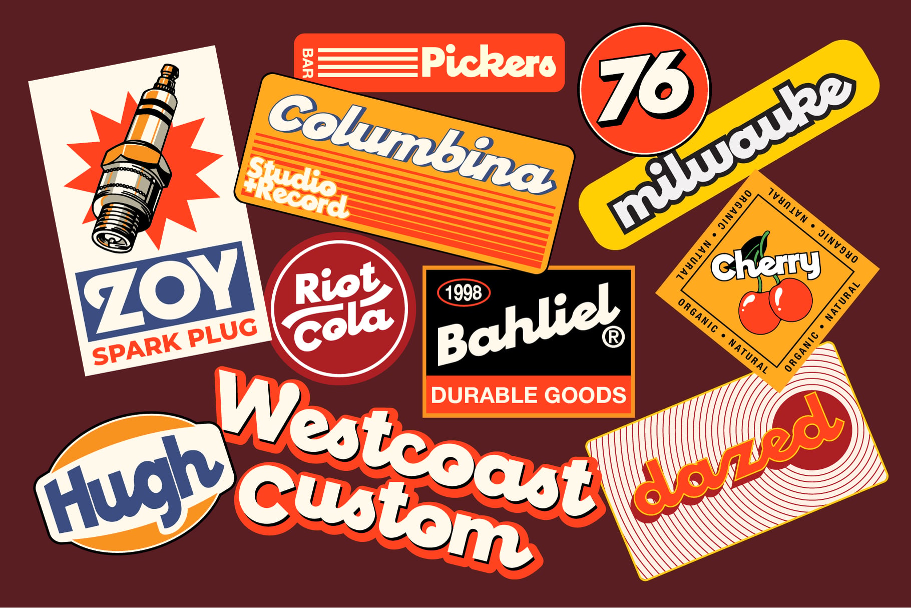 Retro brand logos including ZOY spark plug, Pickero bar, Columbina, Riot Cola, Bahliel, Moulwaukee, cherry soda, 76 circle badge on burgundy background