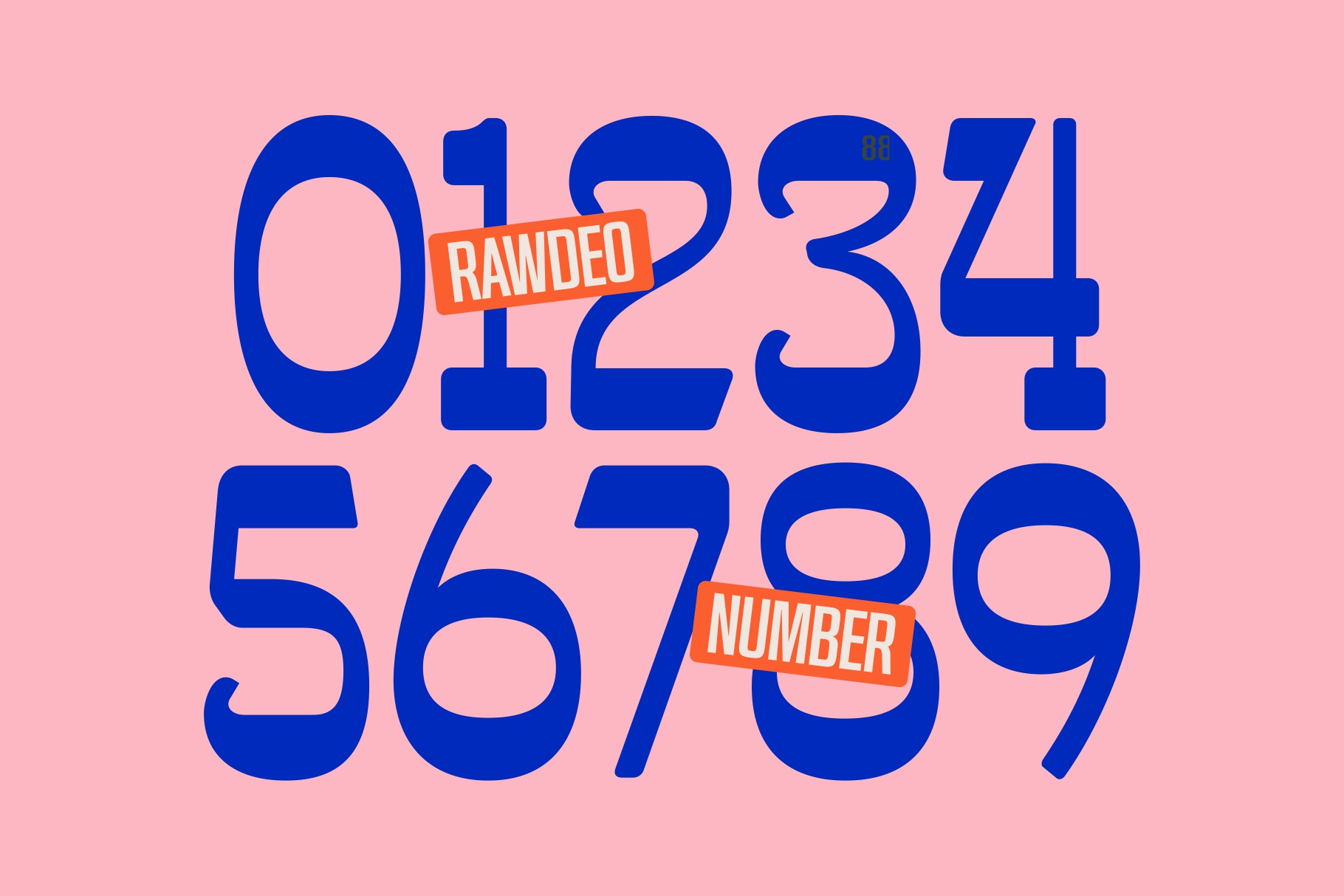 Bold blue numbers with orange label stickers on pink background