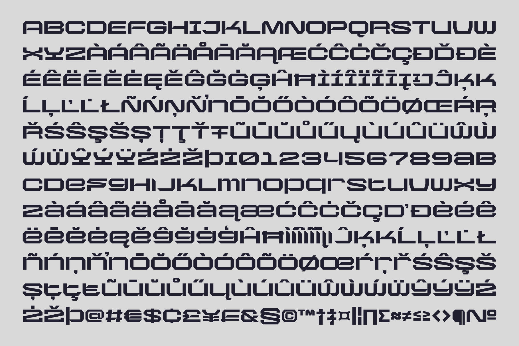 Font character set display showing full alphabet accents numbers symbols