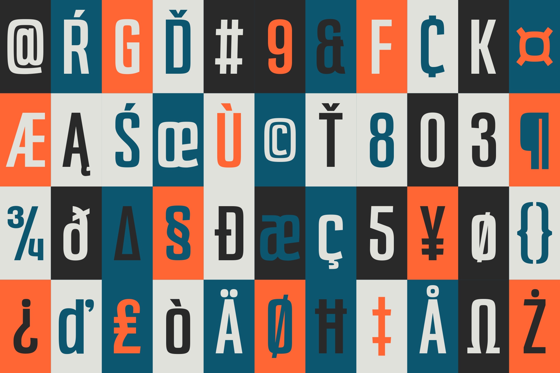 Colorful grid of individual letters, numbers, symbols in teal, orange, white, black