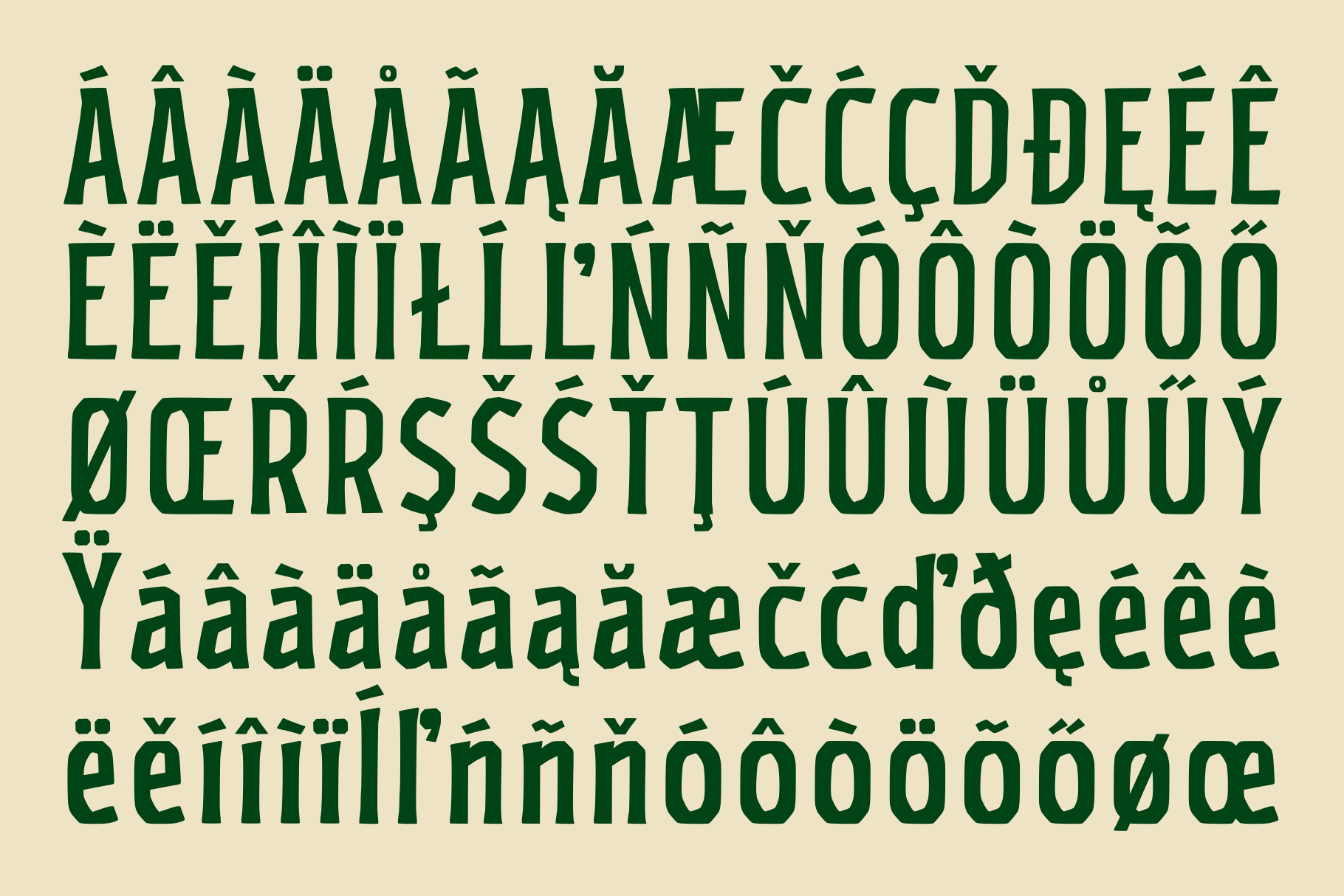 Extended character set display with accents, symbols, numbers in green