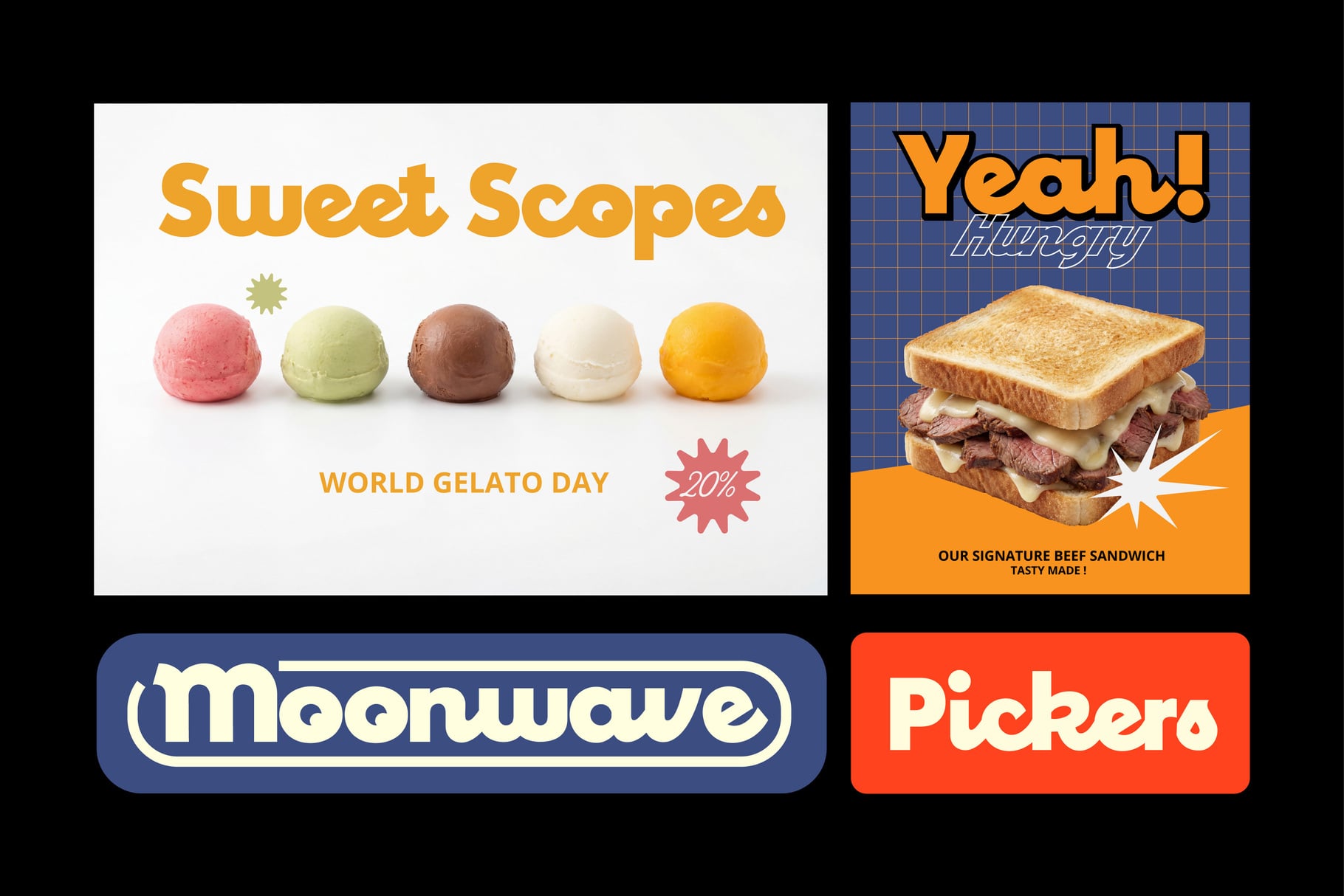 Food brand mockups showing Sweet Scopes gelato, Yeah Hungry sandwich, Moonwave, Pickero logos