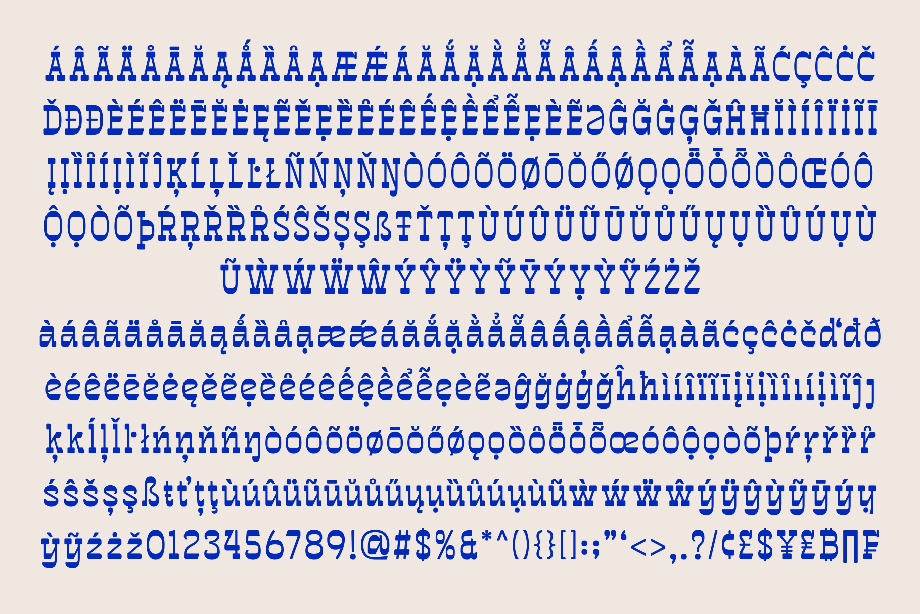 Complete diacritical character set display for multilingual typeface, blue on cream background