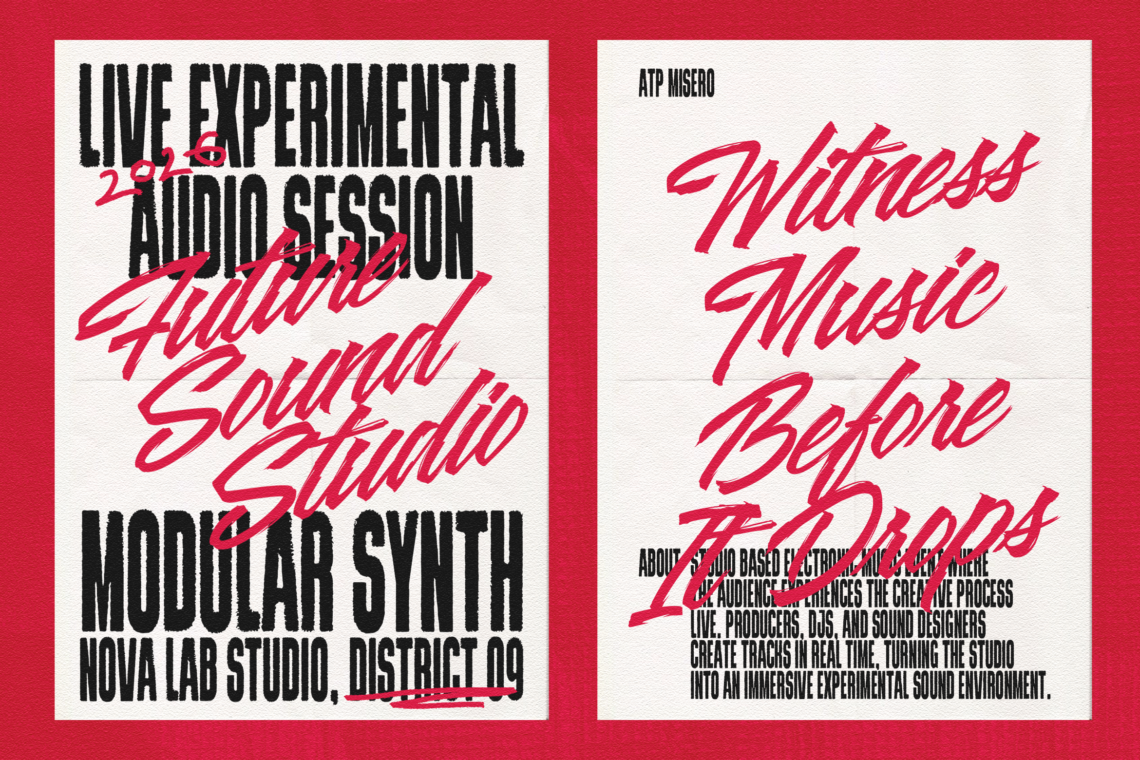 Bold typography poster design featuring live audio session theme with dynamic red and black text. Ideal for graphic designers seeking unique templates.