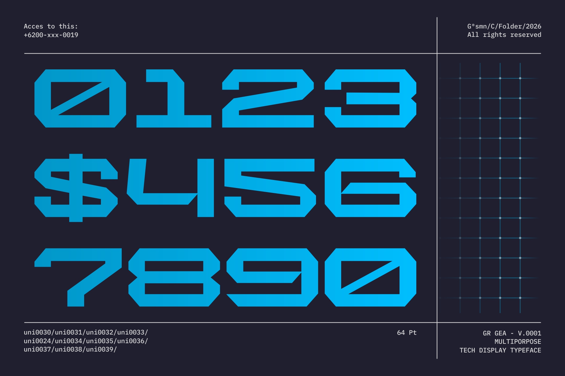 Cyan tech numerals with geometric cutouts, grid pattern right side