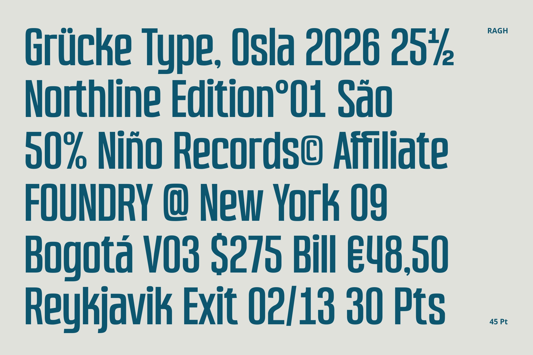 Dense blue sans-serif text sample showing mixed numbers, letters, locations on cream background