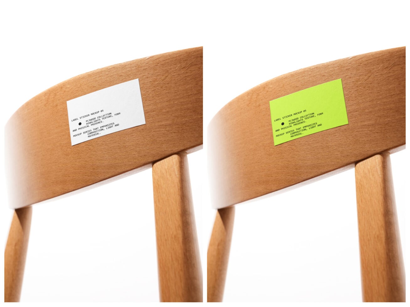 Label stickers in white in lime green on wooden chair backrest