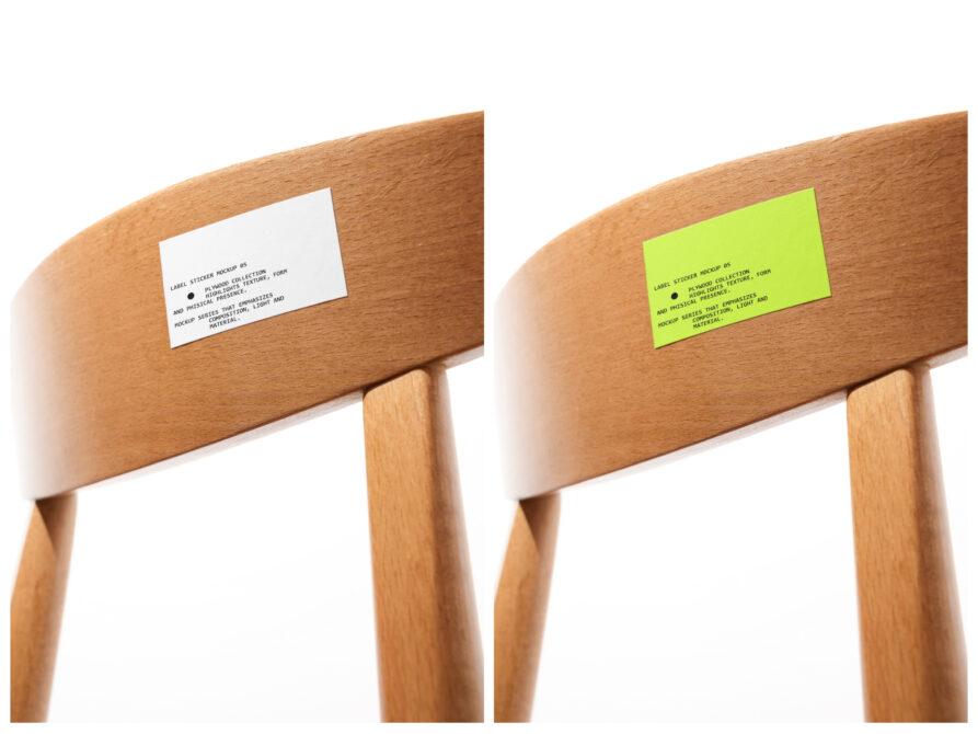 Label stickers in white in lime green on wooden chair backrest