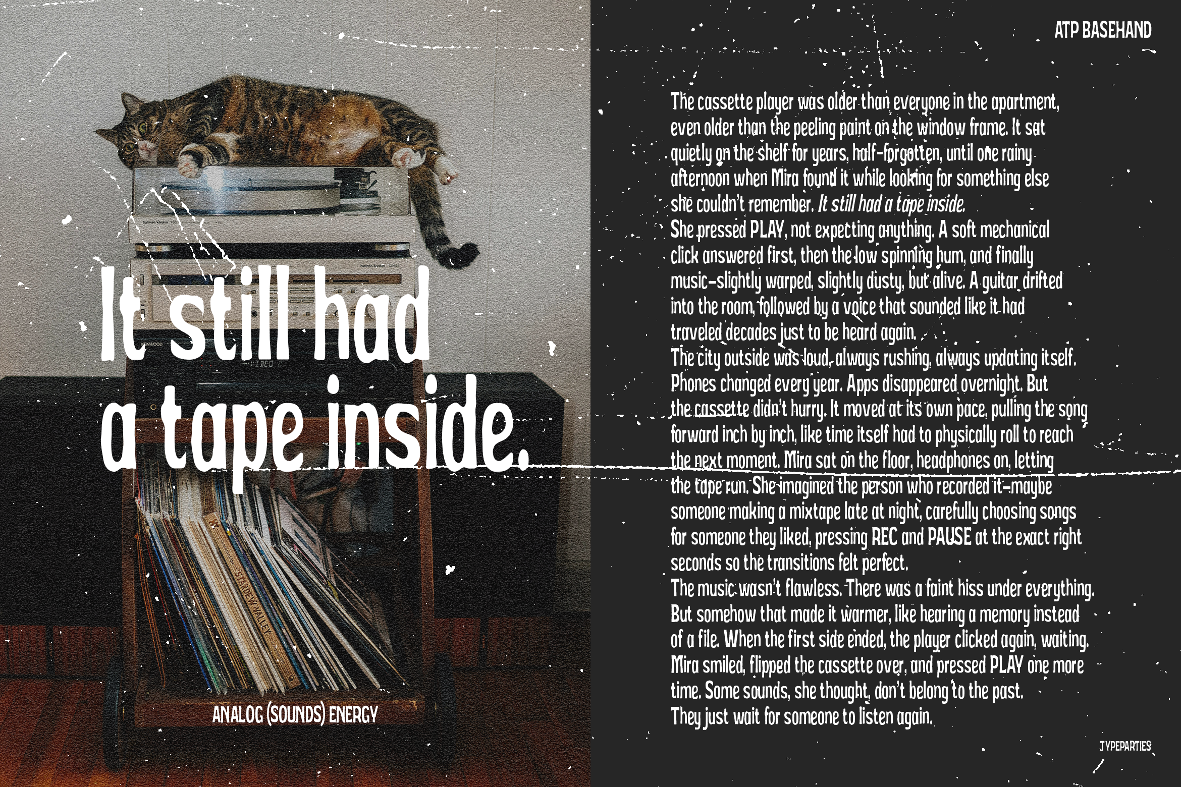 Vintage mockup featuring a cat on a cassette player with a retro vibe. Text overlay reads It still had a tape inside. Perfect for nostalgic designs.