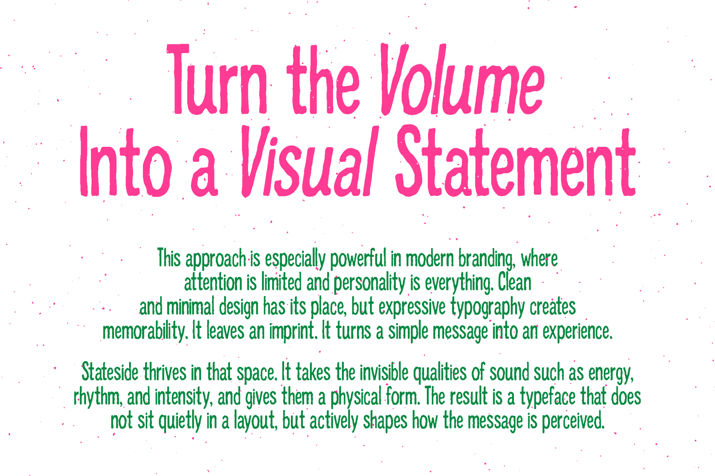 Pink italic headline turn the volume into a visual statement over green body text