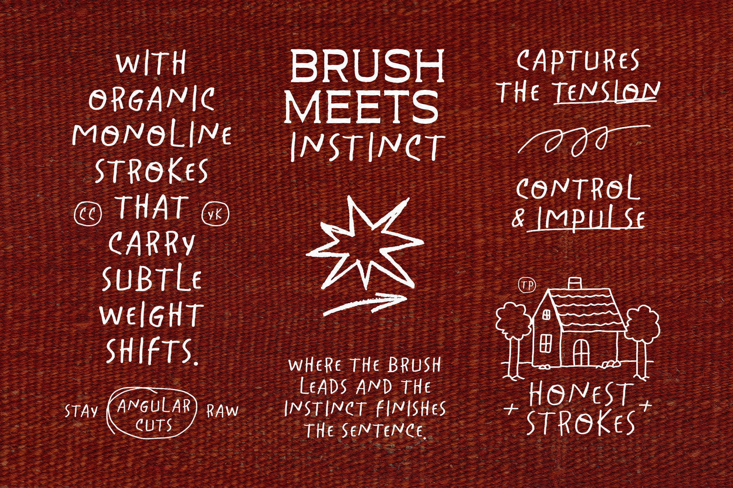 Rustic textured background with handwritten text showcasing a monoline brush font emphasizing organic strokes, tension, control, impulse, and creativity.